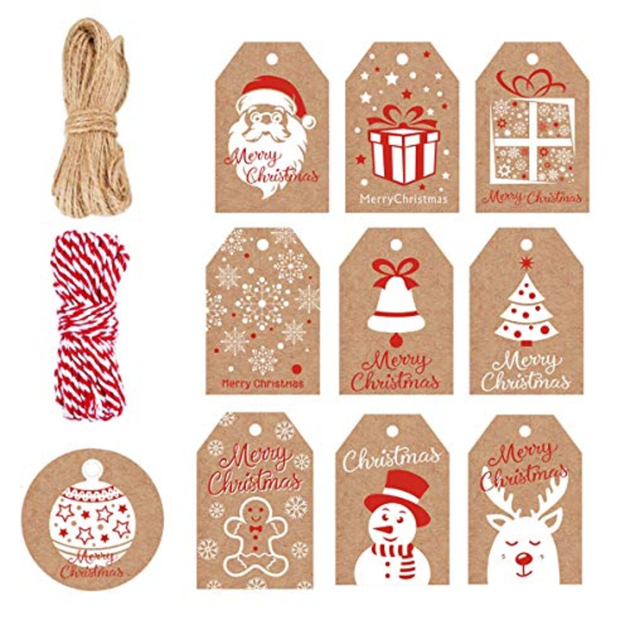 100 Pack Brown Kraft Paper Christmas Gift Tags, Xmas Brown Kraft Gift Tags with Jute Twine Baker Twine for DIY Xmas Holiday Present Wrap Stamp and Label Package Name Card
